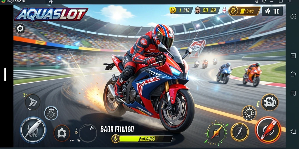 Screenshot AQUASLOT menampilkan aksi balap motor yang mendebarkan.